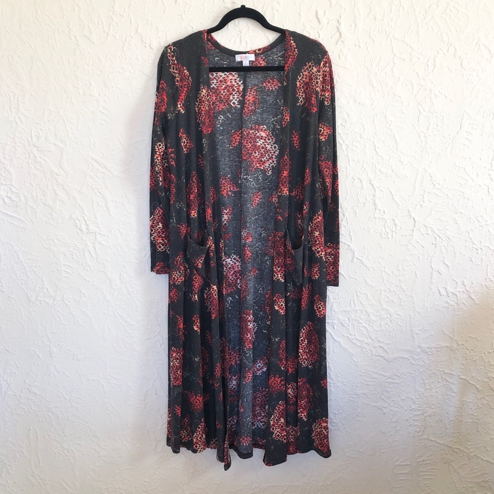 LuLaRoe Black Cardigan with Red Floral Print